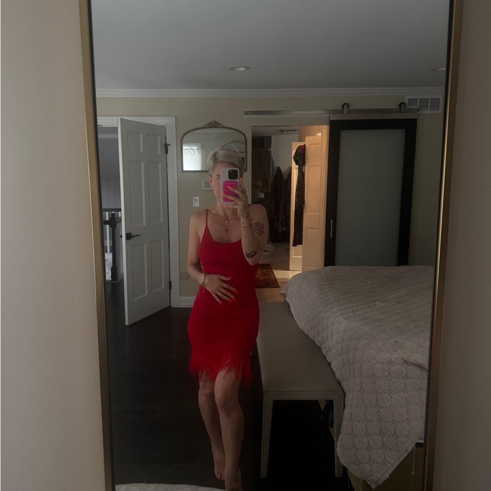 Red Ribbed Dress with Feathers